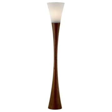 Contemporary Floor Lamp, Hourglass Walnut Base With Frosted White Glass Shade