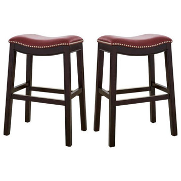 Home Square 2 Piece Saddle Faux Leather Counter Height Barstool Set in Red