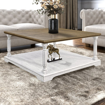 Delroy 34.6 in. Sray Paint Square Solid Wood Top Coffee Table, White and Oak