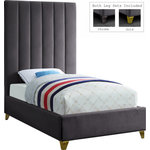 Meridian Furniture - Via Velvet Upholstered Bed, Gray, Twin - Take the look of your bedroom to new decorative heights with this ultra-modern Via upholstered twin bed. Rich grey velvet upholstery gives this bed a true upscale feel and epitomizes fine living while channel tufting along the headboard keeps the padded material inside plump and it also cradles your body while you sit up in bed to watch TV or read. Metal legs bring this platform bed up off the floor, allowing clearance below for cleaning and adding to its svelte contemporary profile.