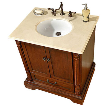 32 Inch Walnut Bathroom Vanity with Single Sink, Marble Top, Traditional