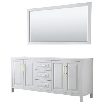 Daria 80" White Double Vanity, No Counter, No Sink, 70" Mirror, Gold Trim