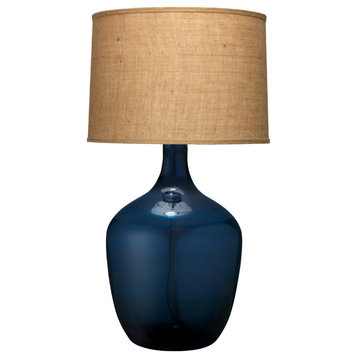 Classic Contemporary Jar Shape Table Lamp Navy Blue Glass Bottle Raffia 34"