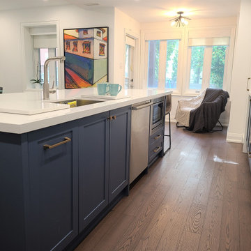 Two tone white and blue modern kitchen design.