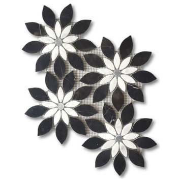 Nero Marquina Marble Wildflower Waterjet Mosaic Tile White Gray Polish, 1 sheet