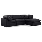 Meridian Furniture - Indulge Upholstered Modular L-Shaped Sectional, Black, 4-Piece: 1 Armless Chair, 2 Corner Chair, 1 Ottoman, Down Stuffed Linen Textured Fabric - Experience ultimate comfort and style with our black linen textured fabric Indulge Sectional. The luxurious linen texture of the fabric will elevate the aesthetic of any room. This sofa provides ample space for you to relax while its modular build offers the option of unlimited configurations. Whether you're looking to add a stylish element to your living room or a comfortable seating option to your bedroom, this sofa is the perfect choice.