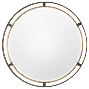 Modern 3D Round Mirror in Distressed Rustic Bronze Outer Overlapping Iron Frame