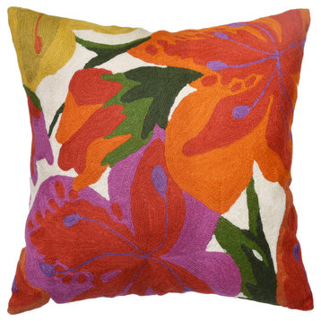 Floral Bloom Pillow Cover Accent Chair Cushion Hand Embroidered Wool 18x18