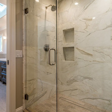 Los Altos Custom - Walk-in Marble Shower with Trough Drain; Recessed niches