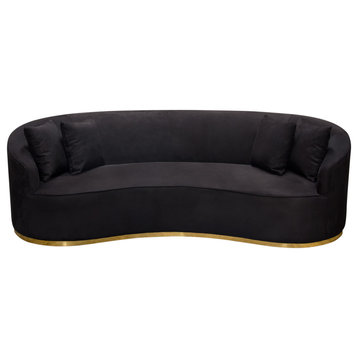 Sofa in Black Suede Velvet Brushed Gold Accent Trim
