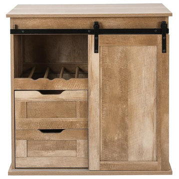 LuxenHome Natural Oak Finish Wine and Storage Cabinet