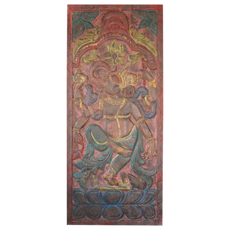 Consigned Vintage Door Panel Carved Wall Art Ganesha Carving Sliding Barn Door