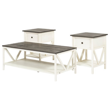 3-Piece Distressed Solid Wood Table Set, Gray/White Wash