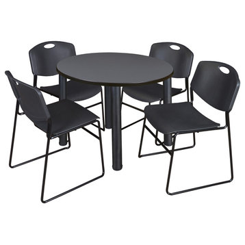 Kee 36" Round Breakroom Table- Grey/ Black & 4 Zeng Stack Chairs- Black