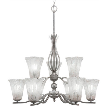 Revo 9 Light Chandelier Aged Silver Finish With 5.5" Fluted Italian Ice Glass