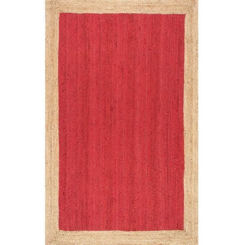 Farmhouse Area Rug, Pure Jute Fibers With Inner Red & Natural Border, 6' Square