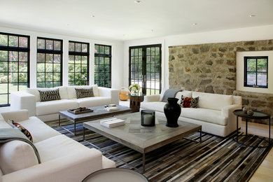 Mid-sized farmhouse formal light wood floor and beige floor living room photo in New York with white walls, a standard fireplace and a stone fireplace
