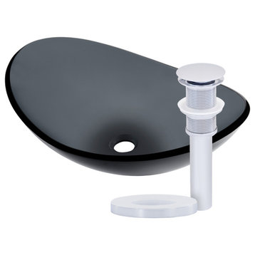 Bigio Clear Slate Grey Oval Slipper Tempered Glass Vessel Sink with Drain, Chrome