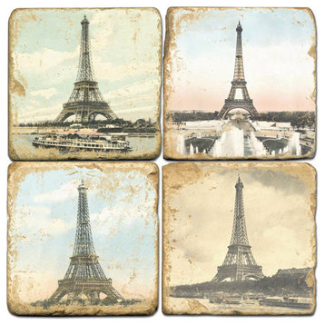 Tumbled Marble Coaster St/4 With Coaster Stand, Views Of The Eiffel Tower