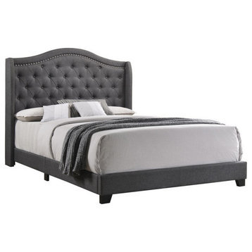 Benzara BM215895 Fabric Upholstered Wooden Queen Bed, Camelback Headboard, Gray