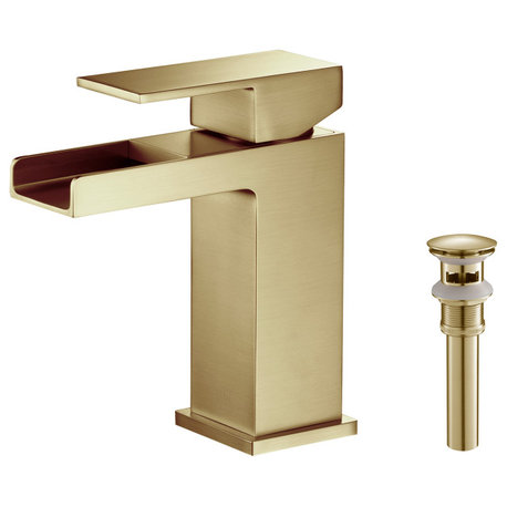 Waterfall Single Handle Bathroom Faucet KBF1004, Brush Gold, W/ Drain