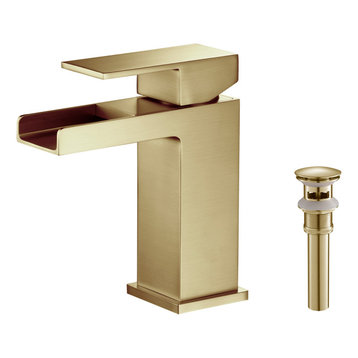 Waterfall Single Handle Bathroom Faucet KBF1004, Brush Gold, W/ Drain