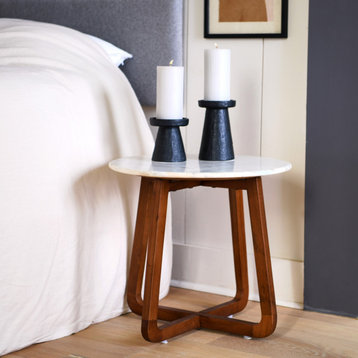 Modern Round Marble and Wood End Table, Walnut Finish