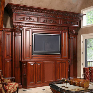 Design ideas for a traditional home cinema in San Francisco with beige walls, lino flooring, a built-in media unit and beige floors.