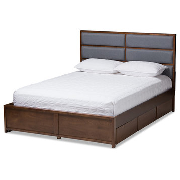 Macey Dark Gray Fabric Upholstered Walnut Storage Platform Bed, Queen