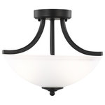 Sea Gull - Geary Small 2-Light Semi-Flush/Pendant Midnight Black - Adaptability takes center stage with the Geary Collection. This series of traditional up-light pendants, semi-flush and flush-mount fixtures feature decoratively bowed arms and constructed of rectangular steel tubing. Geary is a true cross-collection piece, offered in four beautiful finishes Blacksmith, Brushed Nickel, Burnt Sienna and Heirloom Bronze. The Geary has a universal appeal matching 24 different Sea Gull Lighting interior collections.