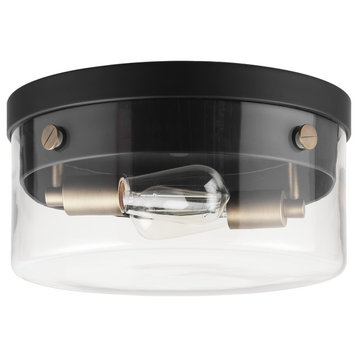 2-Light Matte Black Flush Mount Ceiling Light with Clear Glass Shade