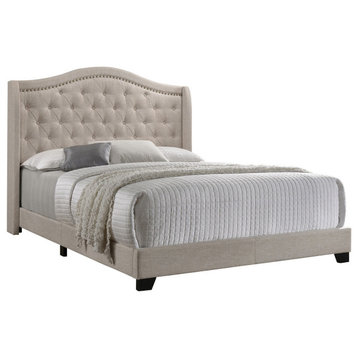 Benzara BM280398 Queen Size Bed, Beige Fabric, Camel Back, Button Tufted