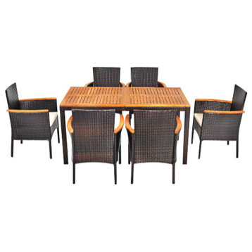 Costway 7PCS Patio Rattan Dining Set Armrest Cushioned Chair Wooden Tabletop