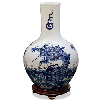 Blue and White Dragon Motif Chinese Porcelain Temple Vase
