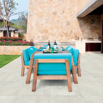 Contemporary patio with light grey stone look porcelain tile floors