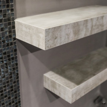 Trendy bathroom in dark color with LED lighting and sound system