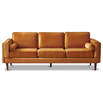 Hudson Living Room Mid Century Modern Pillow Back Velvet Sofa in Orange