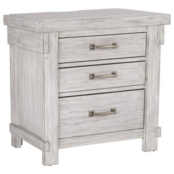 Modern Farmhouse Nightstand, 3 Storage Drawers and Charging Station, White