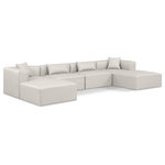 Meridian Furniture - Cube Upholstered Modular Sectional, Cream, 6-Piece: 2 Armless Chair, 2 Corner Chair, 2 Ottoman, Vegan Leather - Elevate your space with the luxurious Cube Vegan Leather Modular Sectional. This modular sectional exudes modern elegance, charm, and comfort making it a perfect addition to any contemporary living space. Its clean lines and cube shape are reminiscent of minimalist design, while the plush cream vegan leather upholstery adds a touch of luxury and sophistication. The chair's versatile construction and geometric aesthetic seamlessly integrate into various design styles, from sleek living rooms to chic home offices, embodying the essence of modern design and creating a sense of order and tranquility in your space.