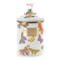 Butterfly Garden Medium Enamel Canister - White | MacKenzie-Childs - Kitchen Canisters And Jars
