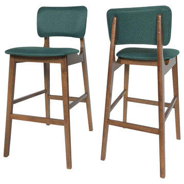 Set of 2 Bar Stool, Tapered Walnut Finished Legs With Dark Green Polyester Seat
