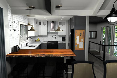Inspiration for a mid-sized contemporary u-shaped eat-in kitchen in Vancouver with an undermount sink, shaker cabinets, white cabinets, quartzite benchtops, white splashback, subway tile splashback, black appliances, porcelain floors, a peninsula and grey floor.