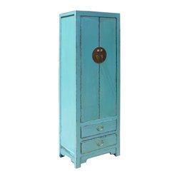 Oriental Distressed Light Aqua Blue Lacquer Moonface Slim Storage Cabinet - Accent Chests And Cabinets