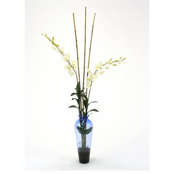 Waterlook® White Dendrobium Orchid with Bamboo in Blue Victorian Glass Vase