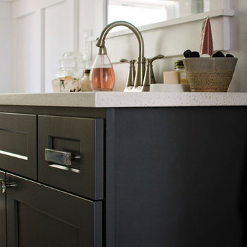 Contemporary Bath with Grey Shaker Cabinets and Timberwood Glass Cabinet Hardwar
