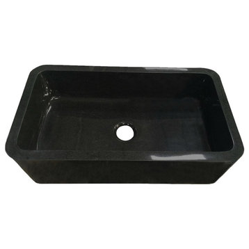 Single Bowl Kitchen Sink, Absolute Black Granite With Polished Apron