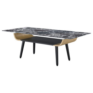 Landon Coffee Table with Glass Marble Texture Top and Bent Wood Design, Black