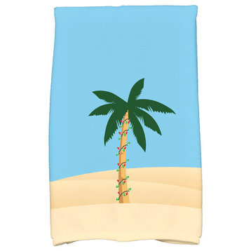 Palm Tree With Christmas Lights Holiday Print Kitchen Towel, Blue