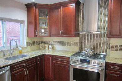 Mid-sized elegant u-shaped medium tone wood floor, brown floor and vaulted ceiling kitchen pantry photo in New York with an undermount sink, raised-panel cabinets, dark wood cabinets, granite countertops, stainless steel appliances, matchstick tile backsplash, no island, multicolored countertops and multicolored backsplash