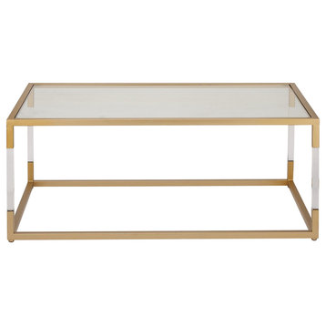 Contemporary Coffee Table, Polished Golden Frame With Acrylic Legs and Glass Top